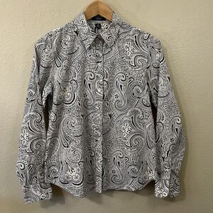 Chaps Women's Button Up Shirt Ivory Black‎ Paisley Artsy Boho Western Size M